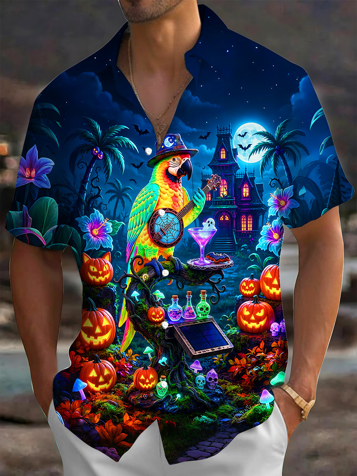 Oceanlyte Men's Short Sleeve Shirt - Halloween Parrot Playing Banjo And Pumpkins Print with Chest Pocket