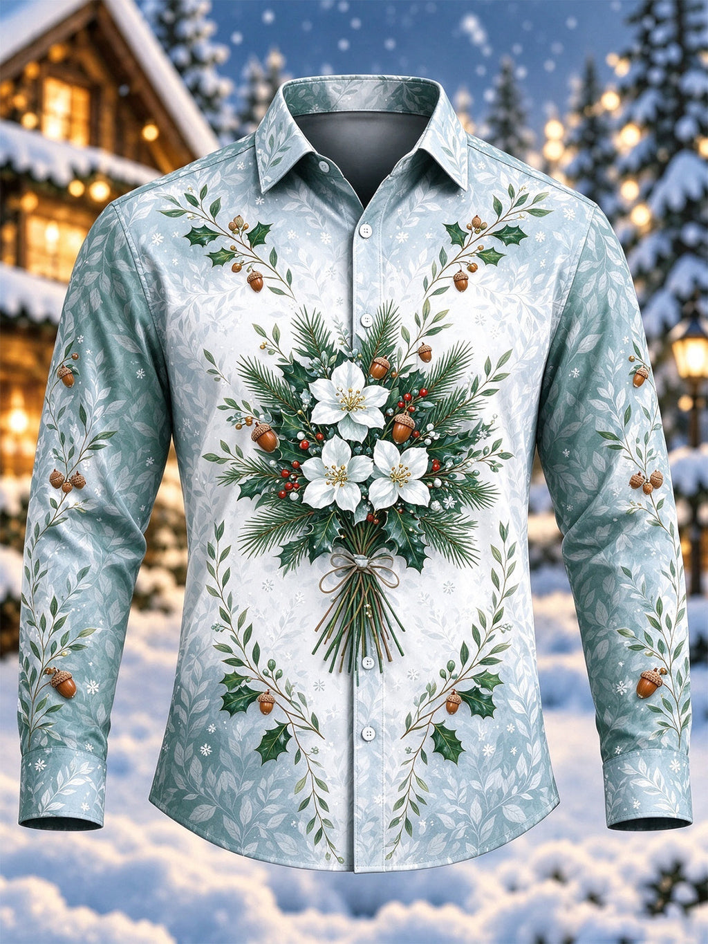 Oceanlyte Men's Long Sleeve Shirt - Christmas Floral Bouquet With Holly And Acorns Print with Chest Pocket