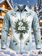 Oceanlyte Men's Long Sleeve Shirt - Christmas Floral Bouquet With Holly And Acorns Print with Chest Pocket