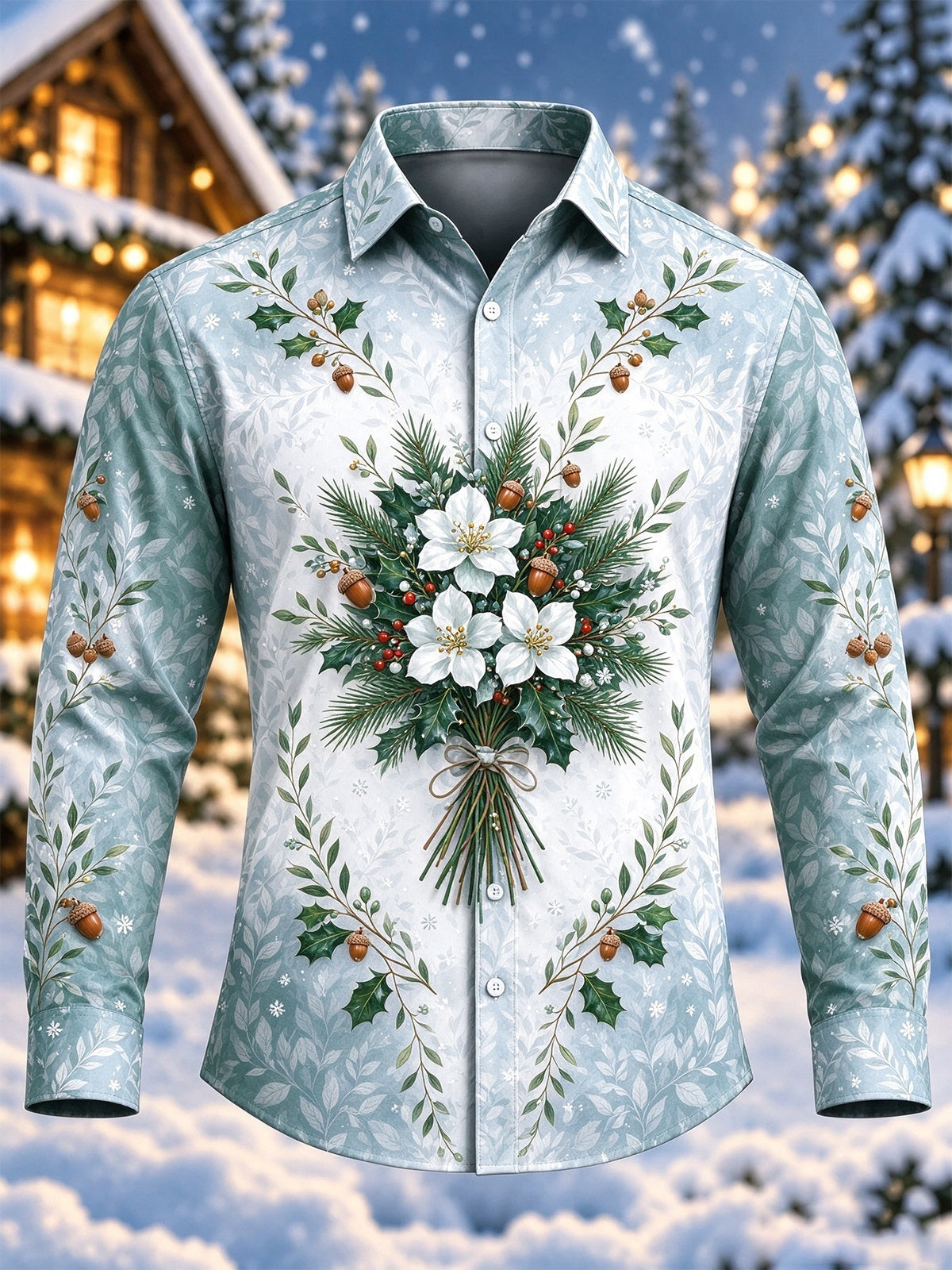 Oceanlyte Men's Long Sleeve Shirt - Christmas Floral Bouquet With Holly And Acorns Print with Chest Pocket