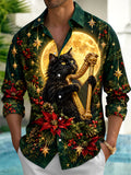 Oceanlyte Men's Long Sleeve Shirt - Black Cat Playing Harp With Christmas Elements Print with Chest Pocket