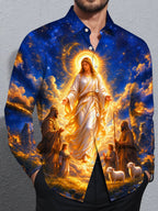 Oceanlyte Men's Angelic Figure With Shepherds And Sheep Print Long Sleeve Shirt with Chest Pocket