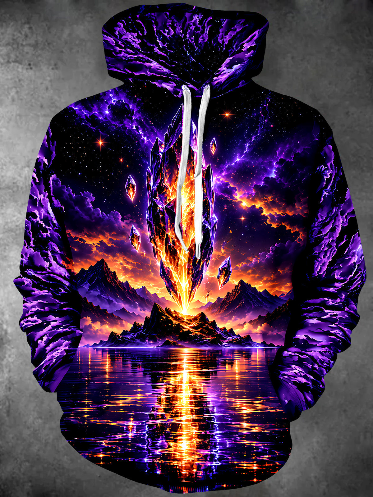 Oceanlyte Men's Crystal Volcano Eruption Over Lake Print Long Sleeve Hoodie