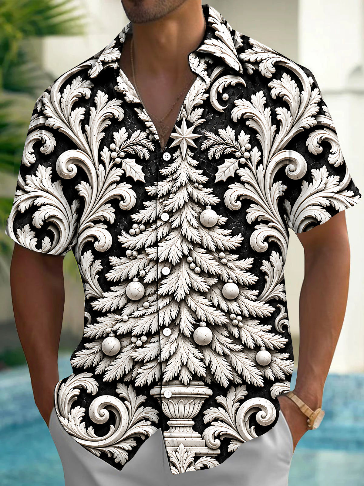 Oceanlyte Men's Christmas Tree With Ornaments And Star Print Short Sleeve Shirt with Chest Pocket