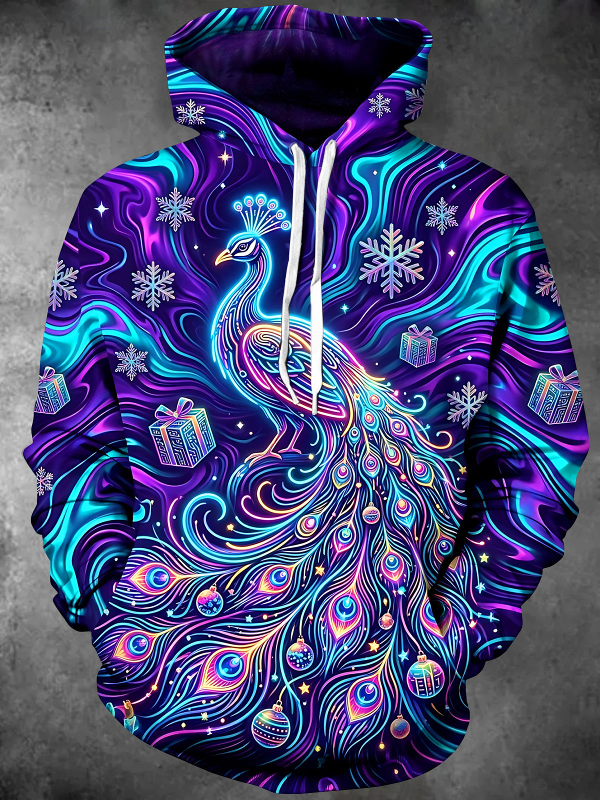 Oceanlyte Men's Long Sleeve Hoodie - Neon Peacock With Christmas Ornaments And Gifts Print