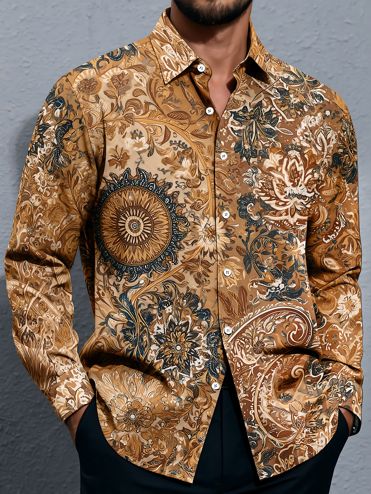 Oceanlyte Men's Paisley And Floral Medallion Print Long Sleeve Shirt with Chest Pocket