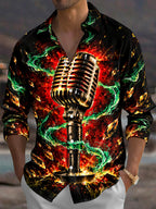 Oceanlyte Men's Long Sleeve Shirt - Vintage Microphone With Green Energy And Gold Crystals Print with Chest Pocket