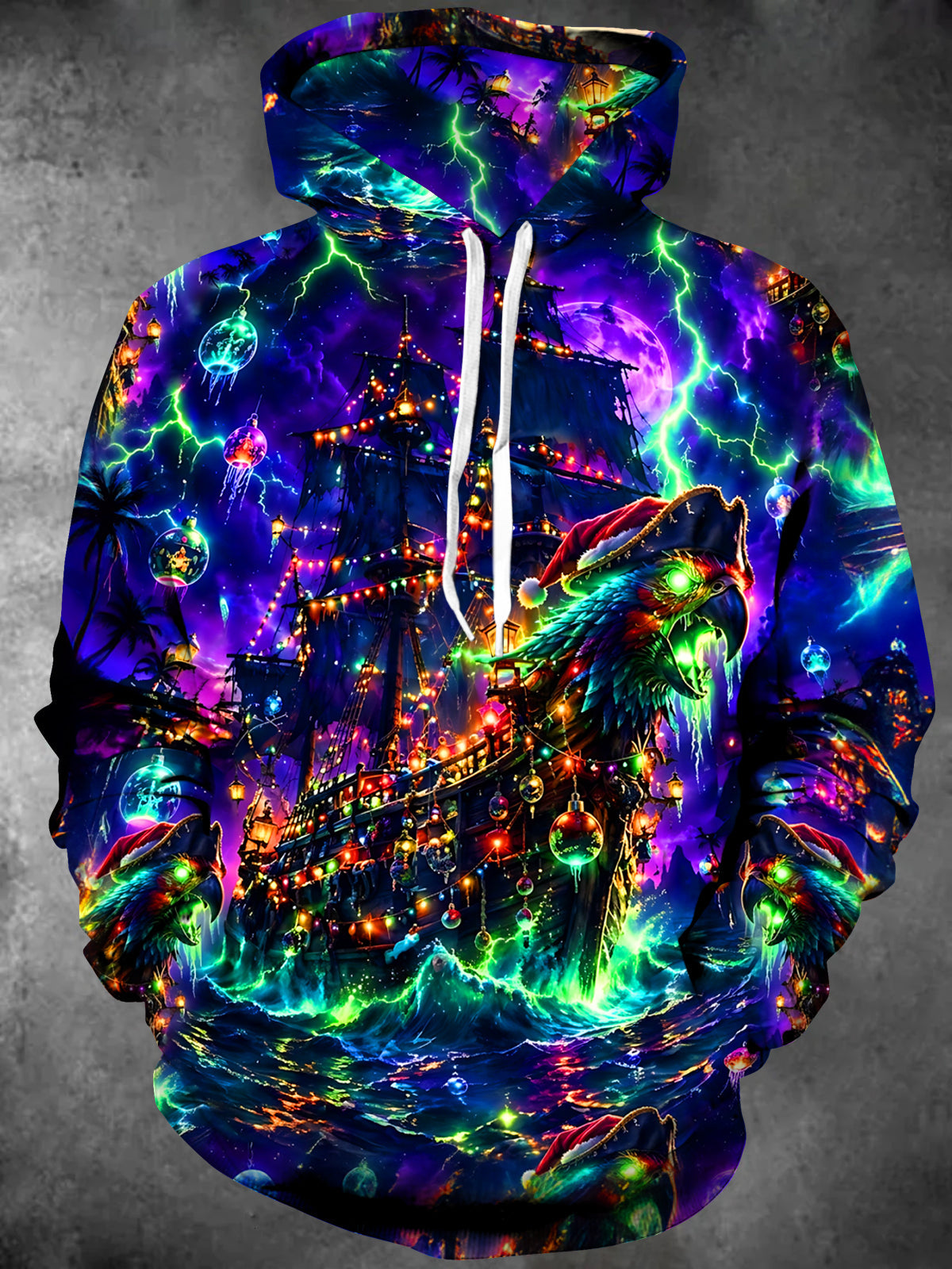 Oceanlyte Men's Christmas Pirate Ship And Parrot Print Long Sleeve Hoodie