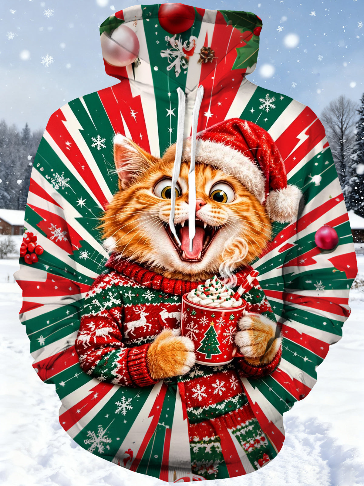 Oceanlyte Men's Christmas Cat In Sweater With Hot Cocoa Print Long Sleeve Hoodie