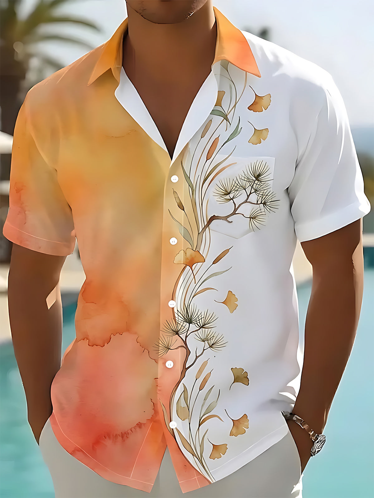Oceanlyte Men's Hawaiian Ink Ginkgo And Pine Branches Print Short Sleeve Shirt with Chest Pocket