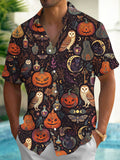 Oceanlyte Men's Halloween Owls Pumpkins And Cats Print Short Sleeve Shirt with Chest Pocket
