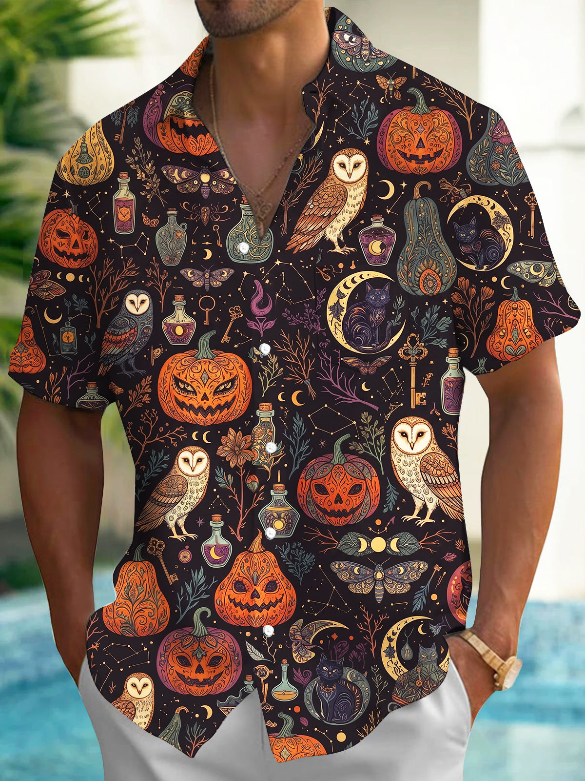 Oceanlyte Men's Halloween Owls Pumpkins And Cats Print Short Sleeve Shirt with Chest Pocket
