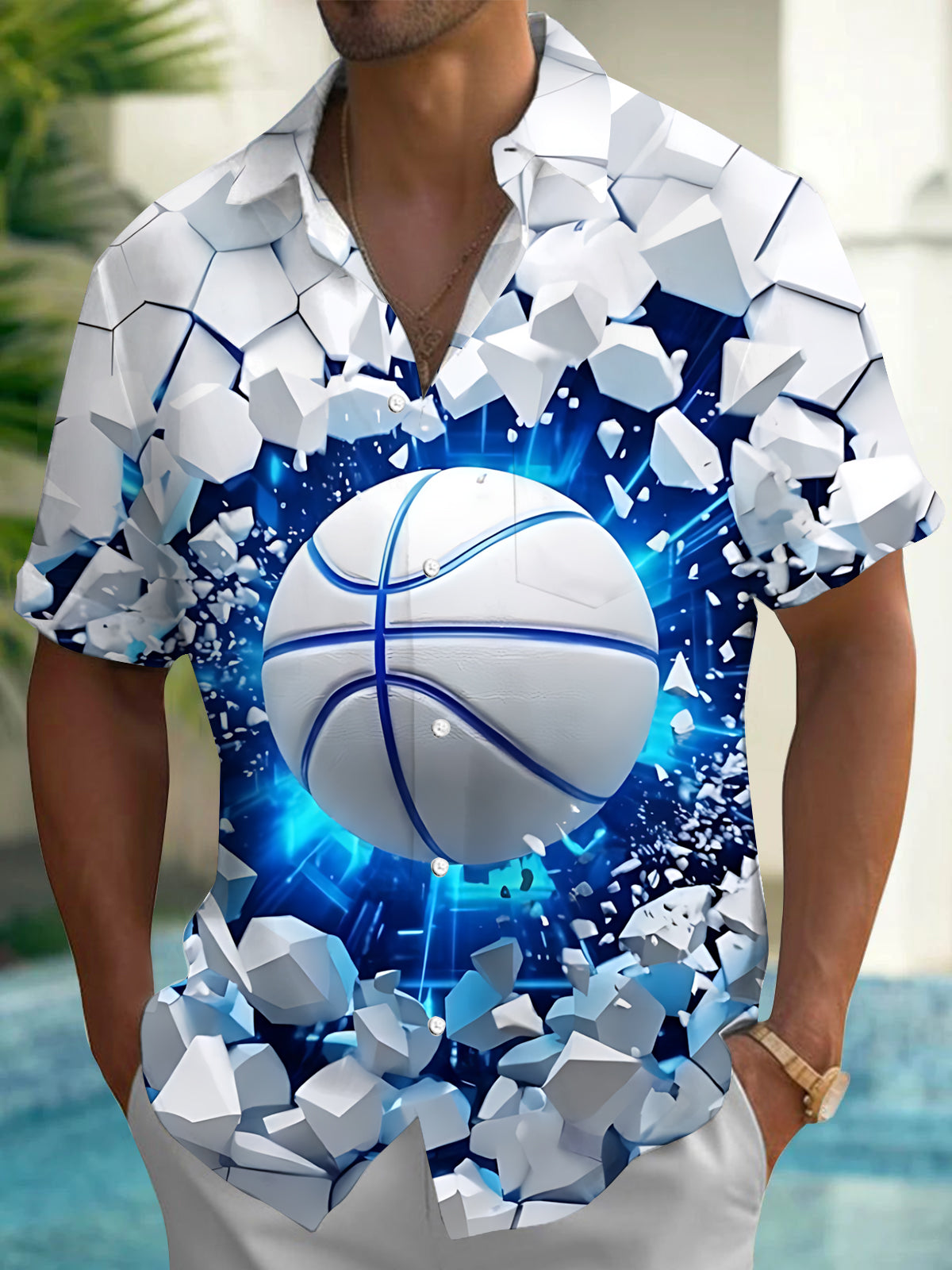 Oceanlyte Men's 3D Basketball Breaking Through Wall Print Short Sleeve Shirt with Chest Pocket