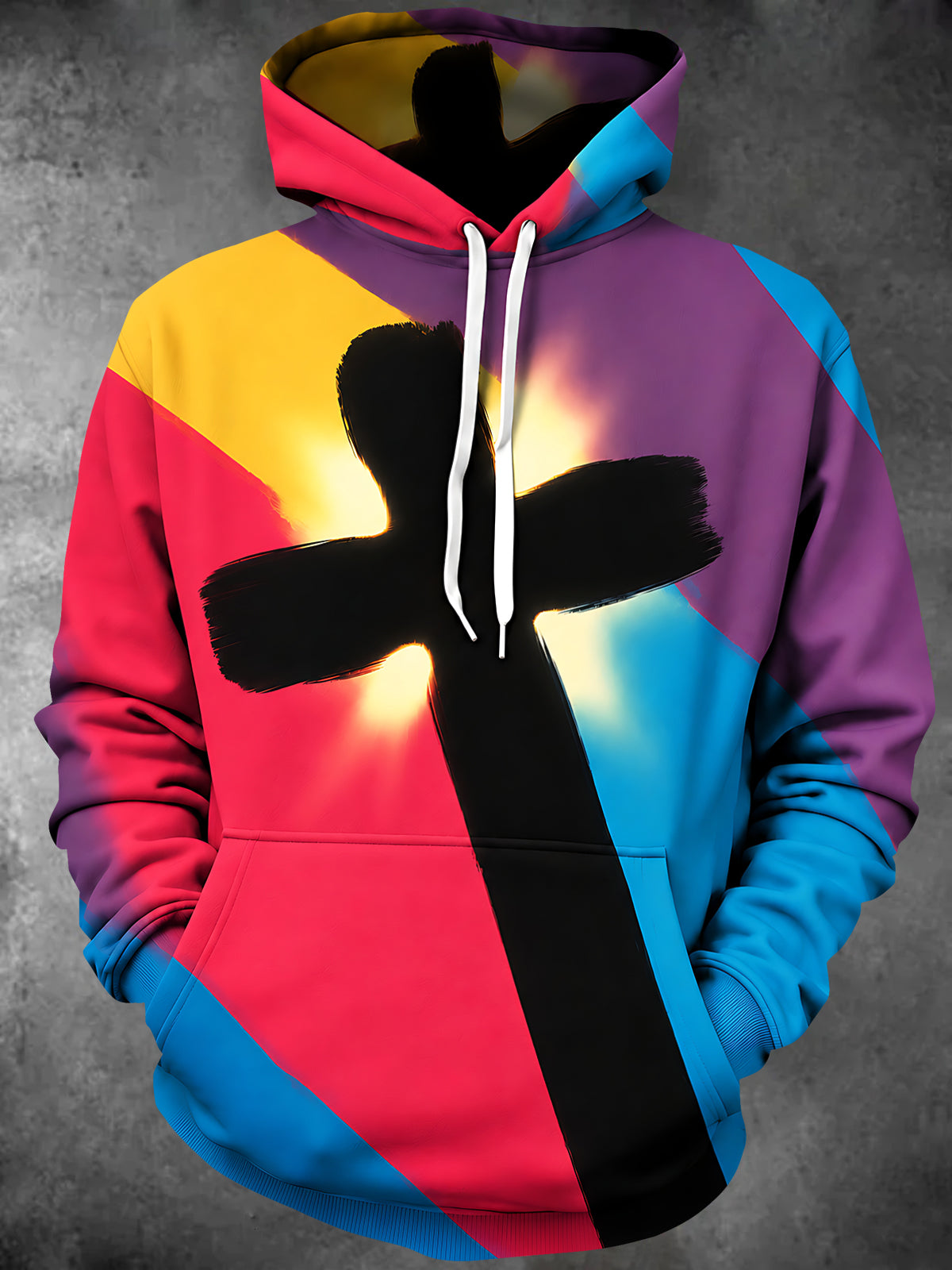 Oceanlyte Men's Long Sleeve Hoodie - Black Cross With Colorful Geometric Background Print