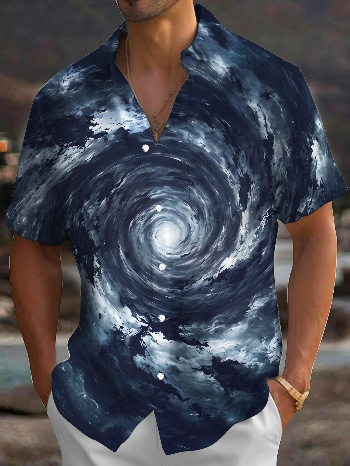 Oceanlyte Men's Printed Deep Sea Vortex Water Swirl Print Short Sleeve Shirt with Chest Pocket