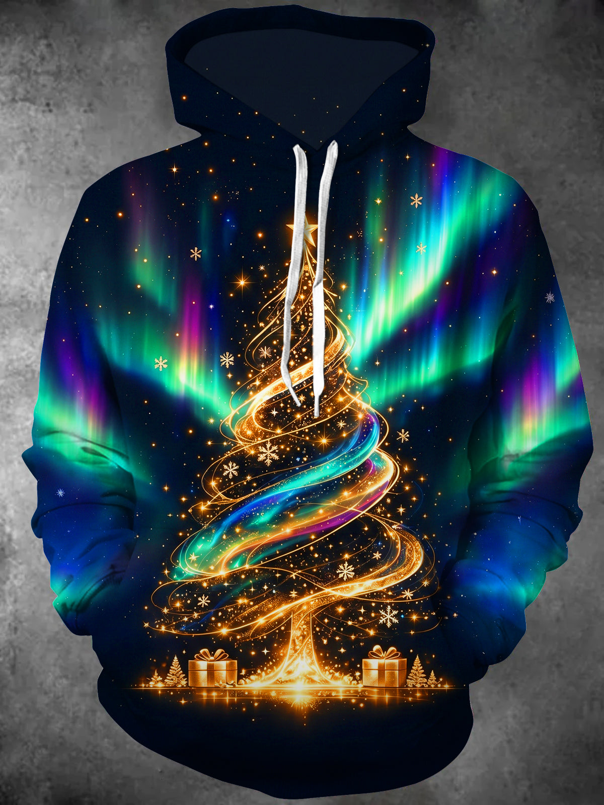 Oceanlyte Men's Long Sleeve Hoodie - Aurora Borealis And Golden Spiral Christmas Tree Print
