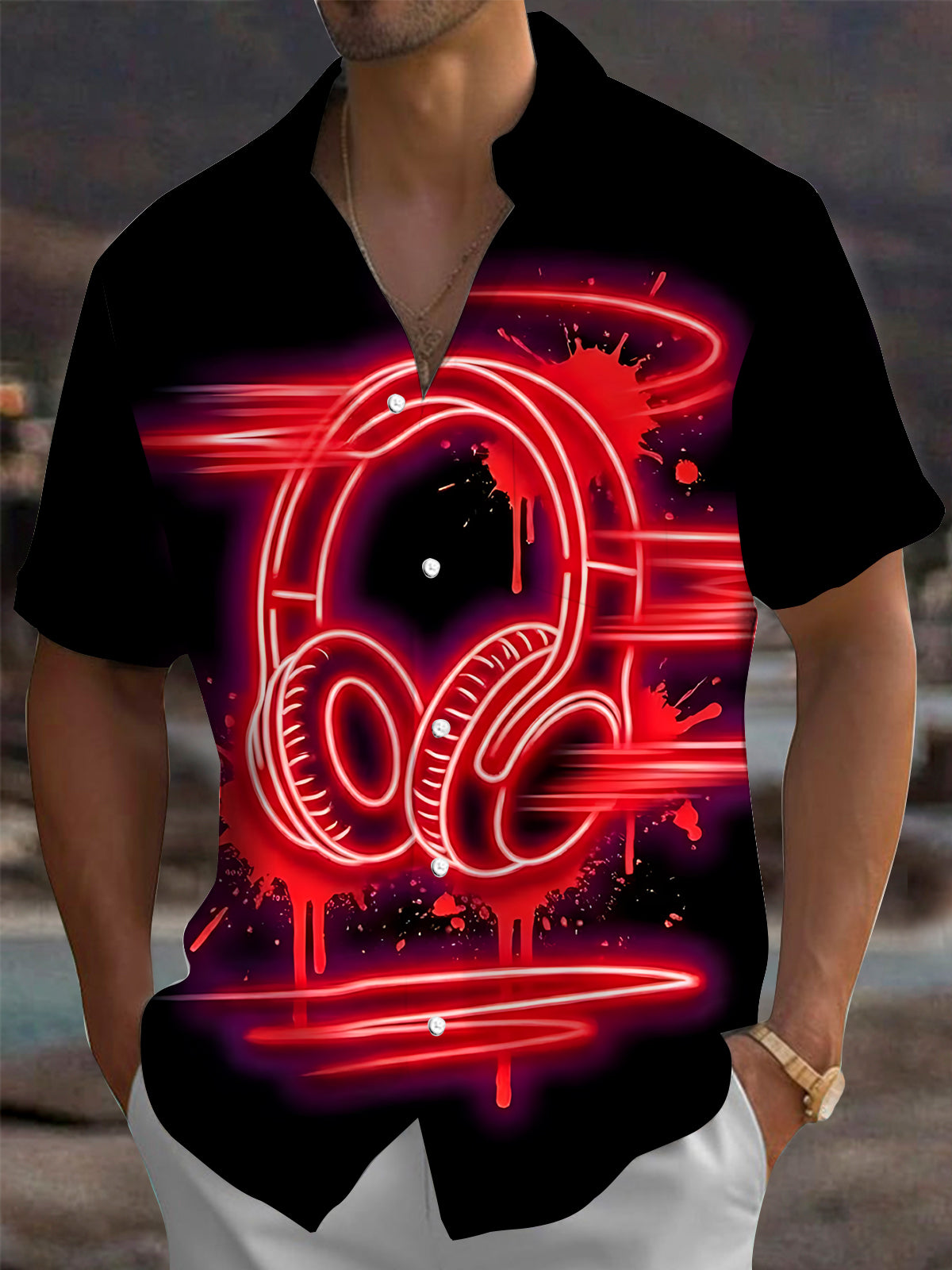 Oceanlyte Men's Graphic Neon Headphones Print Short Sleeve Shirt with Chest Pocket