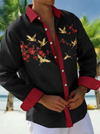 Oceanlyte Men's Printed Crane Birds And Plum Blossoms Print Long Sleeve Shirt with Chest Pocket