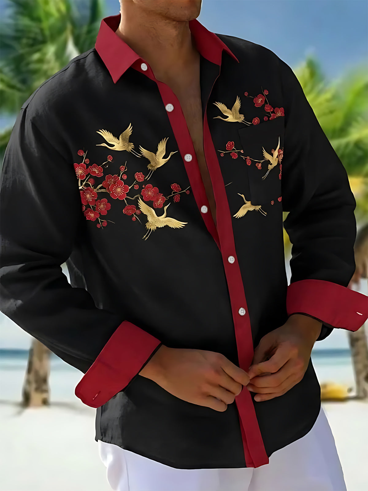 Oceanlyte Men's Printed Crane Birds And Plum Blossoms Print Long Sleeve Shirt with Chest Pocket
