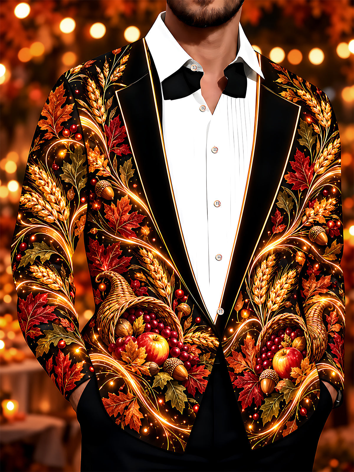 Oceanlyte Men's Long Sleeve Shirt - Thanksgiving Harvest Cornucopia With Wheat And Acorns Print with Chest Pocket