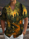 Oceanlyte Men's Short Sleeve Shirt - Halloween Gothic Graveyard With Candles And Tombstones Print with Chest Pocket