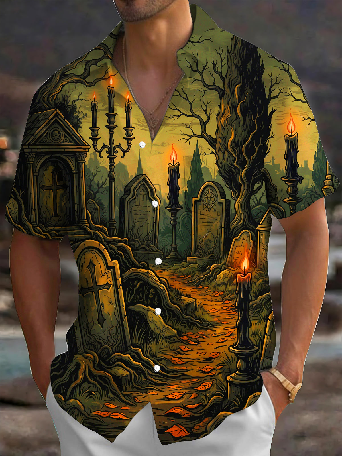 Oceanlyte Men's Short Sleeve Shirt - Halloween Gothic Graveyard With Candles And Tombstones Print with Chest Pocket
