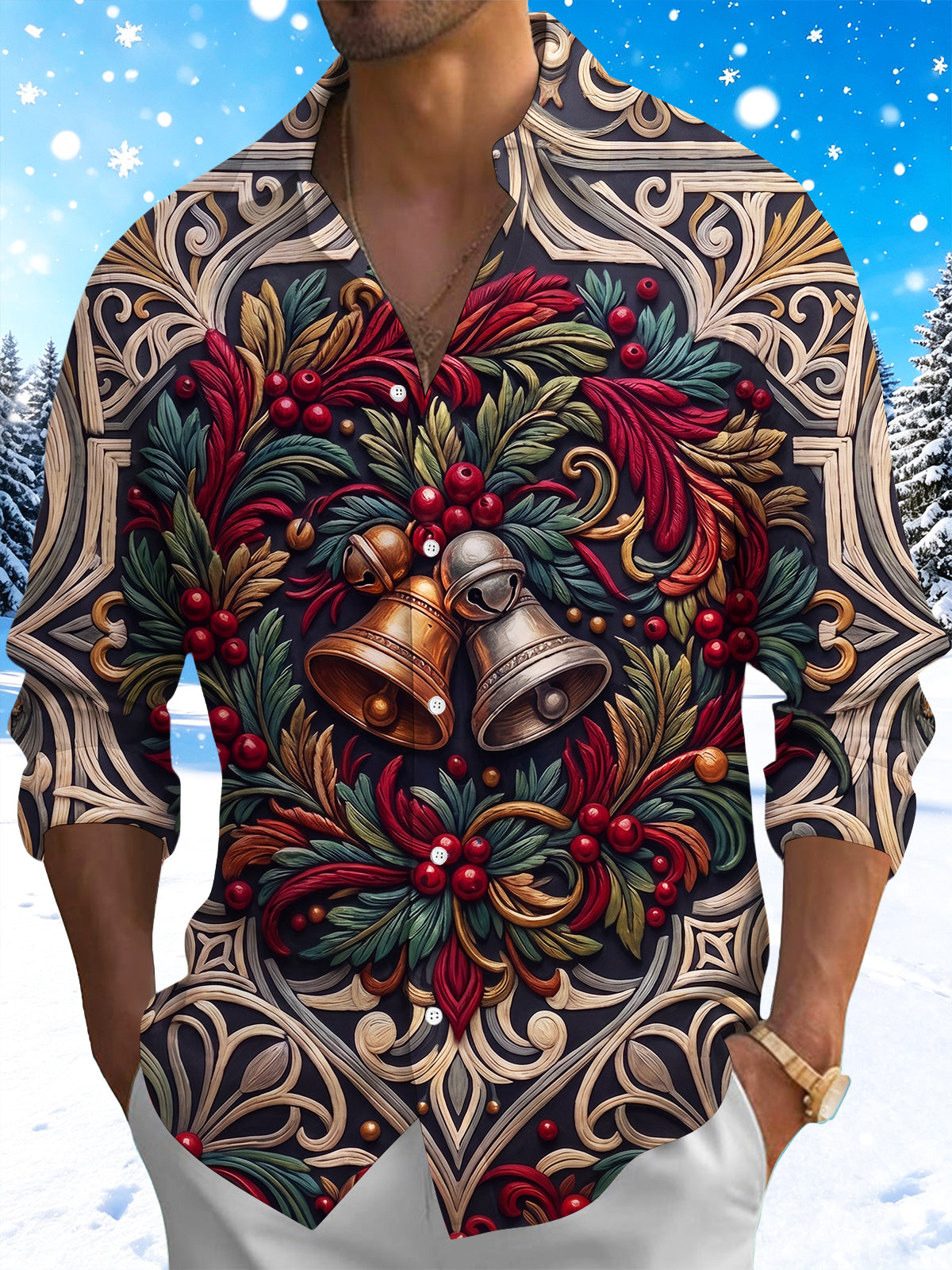 Oceanlyte Men's Printed Christmas Bells And Foliage Print Long Sleeve Shirt with Chest Pocket