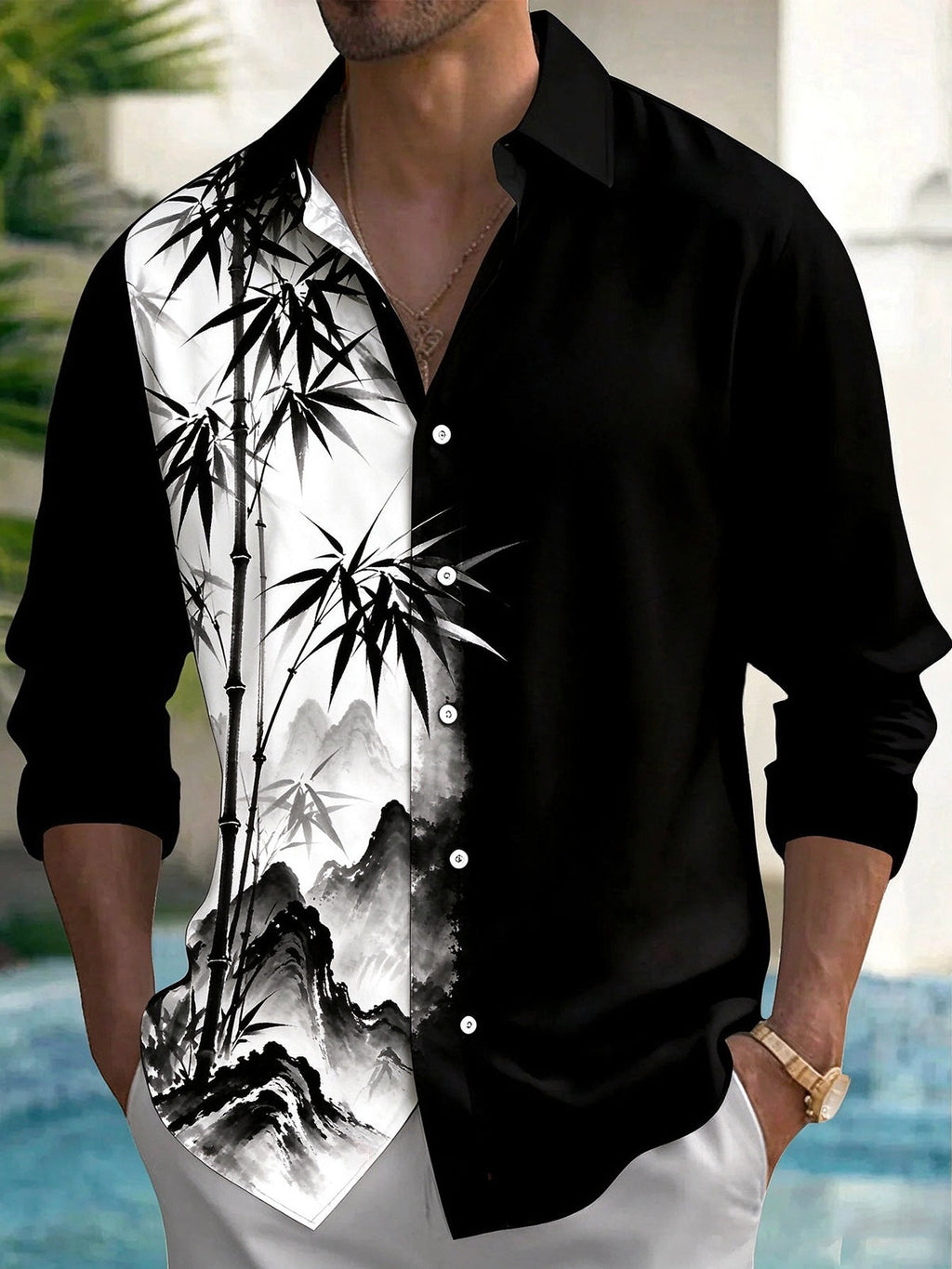 Oceanlyte Men's Ink Painting Bamboo And Mountains Print Long Sleeve Shirt with Chest Pocket