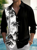 Oceanlyte Men's Ink Painting Bamboo And Mountains Print Long Sleeve Shirt with Chest Pocket