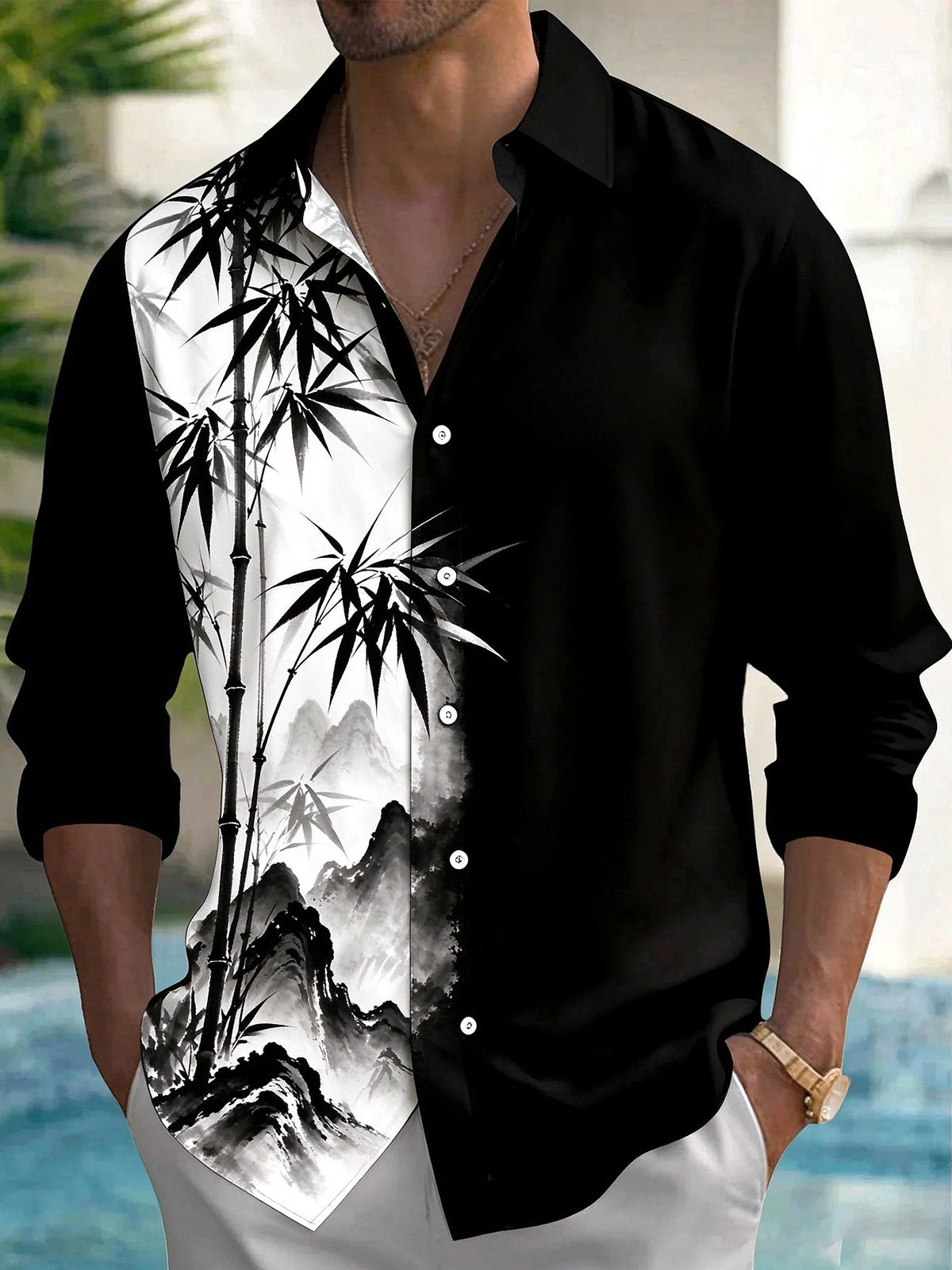 Oceanlyte Men's Ink Painting Bamboo And Mountains Print Long Sleeve Shirt with Chest Pocket