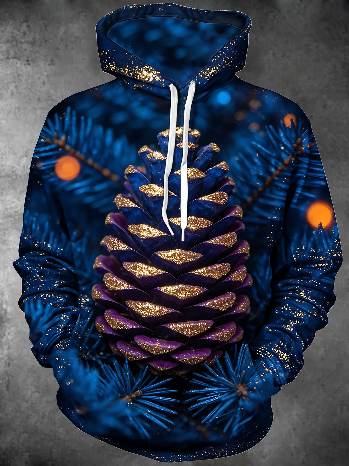 Oceanlyte Men's Long Sleeve Hoodie - Christmas Pinecone With Gold Glitter And Pine Branches Print