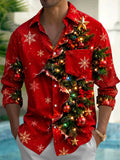 Oceanlyte Men's Christmas Tree With Ornaments And Lights Print Long Sleeve Shirt with Chest Pocket