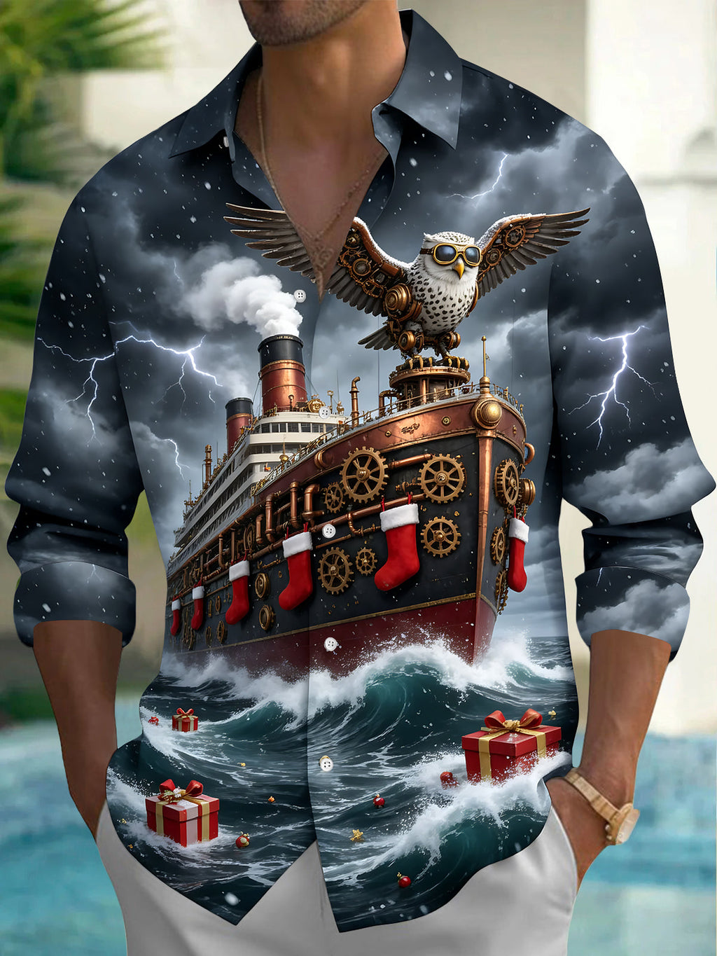 Oceanlyte Men's Long Sleeve Shirt - Steampunk Owl And Steamship With Christmas Stockings Print with Chest Pocket