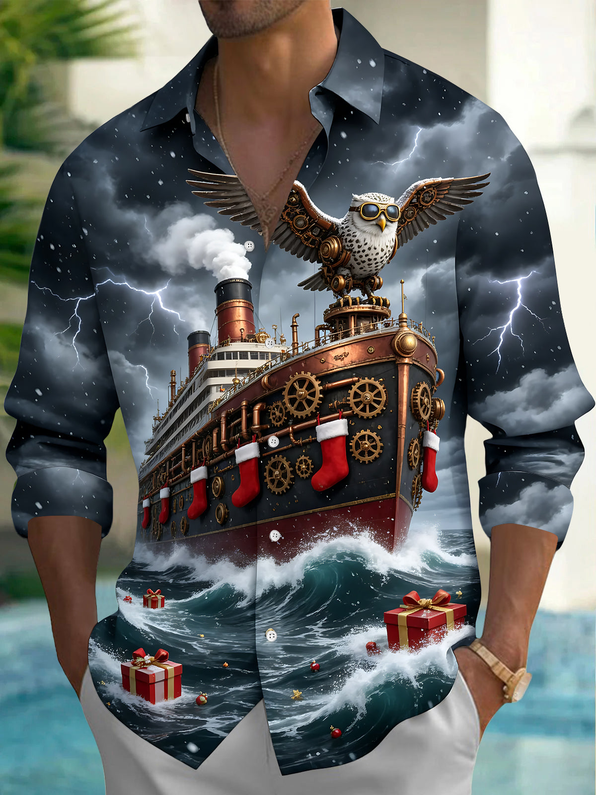 Oceanlyte Men's Long Sleeve Shirt - Steampunk Owl And Steamship With Christmas Stockings Print with Chest Pocket