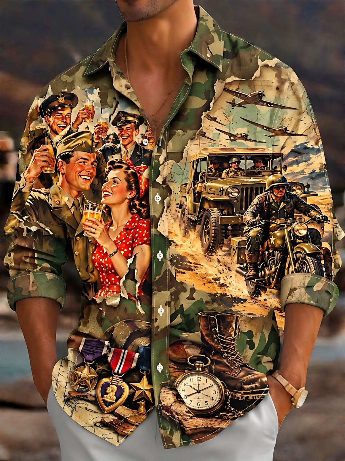 Oceanlyte Men's Short Sleeve Shirt - The "USO & The Front" Vintage Military Soldiers And Pin-up Girl Print with Chest Pocket