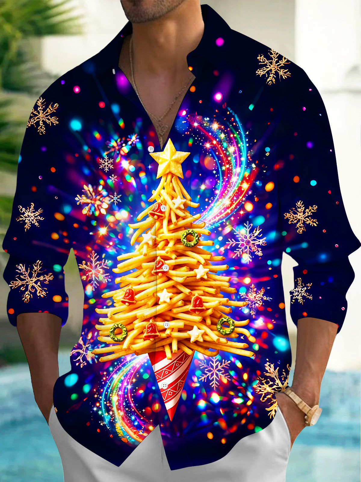 Oceanlyte Men's Graphic French Fries Christmas Tree Print Long Sleeve Shirt with Chest Pocket