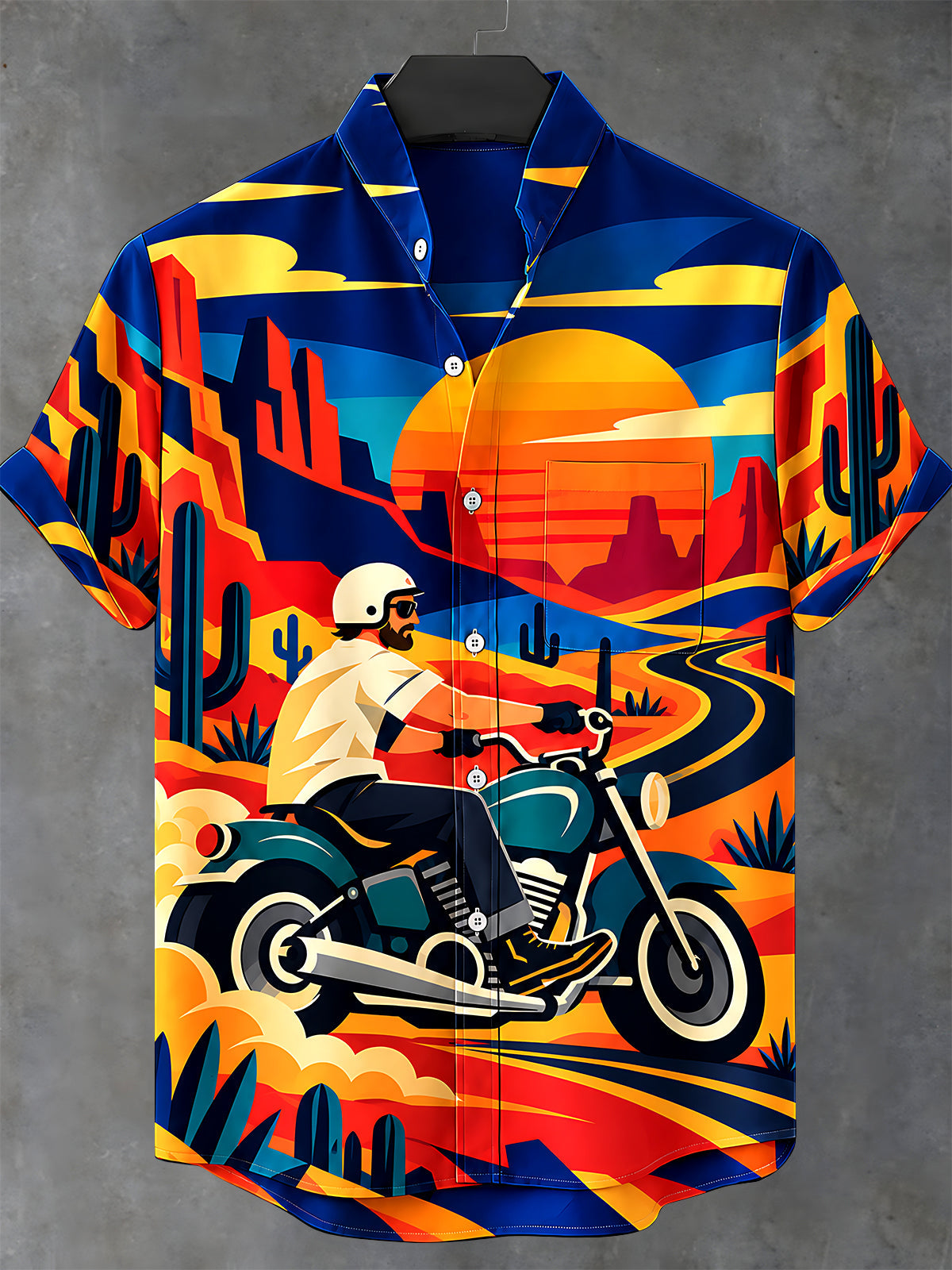 Oceanlyte Men's Short Sleeve Stand Collar Shirt - Motorcycle Rider In Desert Landscape Print with Chest Pocket