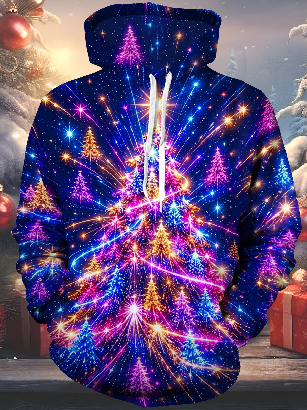 Oceanlyte Men's Neon Christmas Trees And Starbursts Print Long Sleeve Hoodie