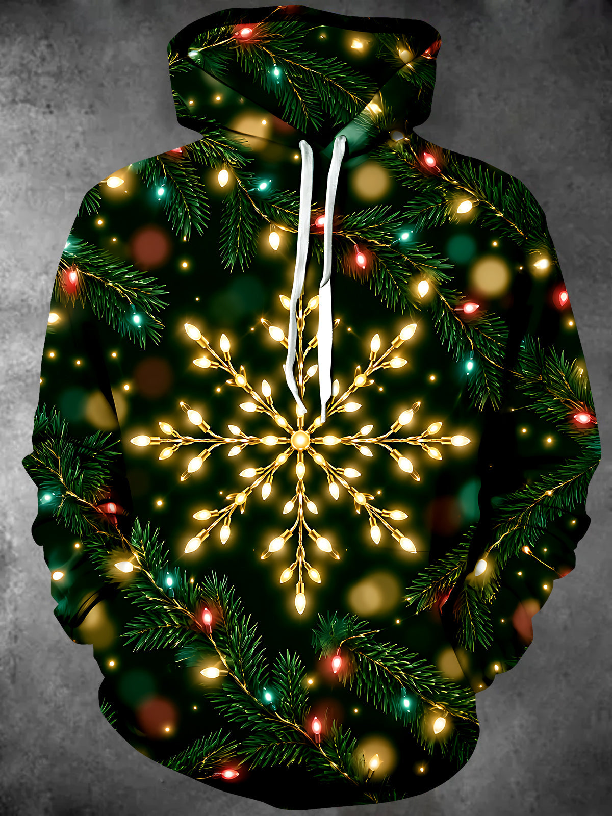 Oceanlyte Men's Printed Christmas Lights Snowflake Print Long Sleeve Hoodie