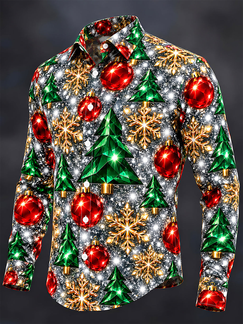 Oceanlyte Men's Printed Christmas Trees And Ornaments Print Long Sleeve Shirt with Chest Pocket