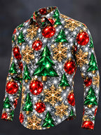 Oceanlyte Men's Printed Christmas Trees And Ornaments Print Long Sleeve Shirt with Chest Pocket