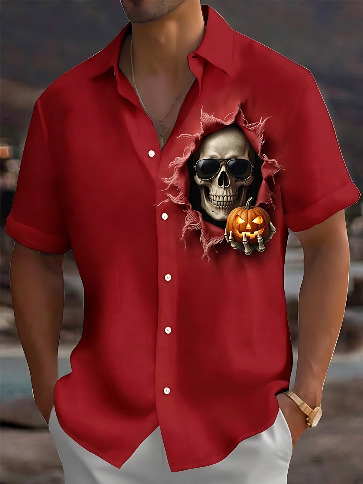 Oceanlyte Men's Short Sleeve Shirt - Halloween Skull With Sunglasses And Skeleton Hand Holding Jack-o-lantern Print with Chest Pocket