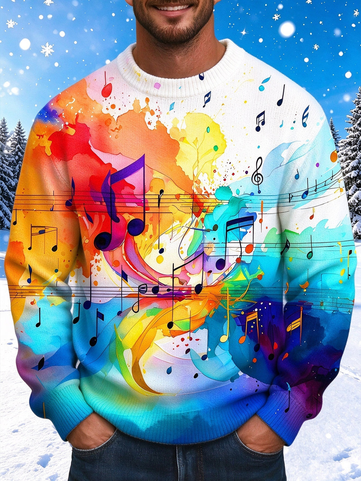 Oceanlyte Men's Colorful Music Notes And Musical Staff Print Long Sleeve Sweater