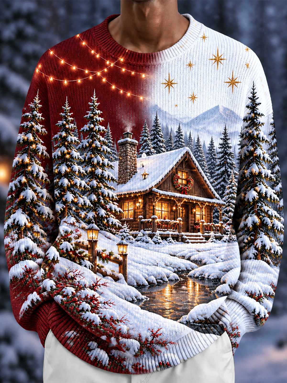 Oceanlyte Men's Long Sleeve Crew Neck Sweater - Christmas Cabin And Snowy Forest Print