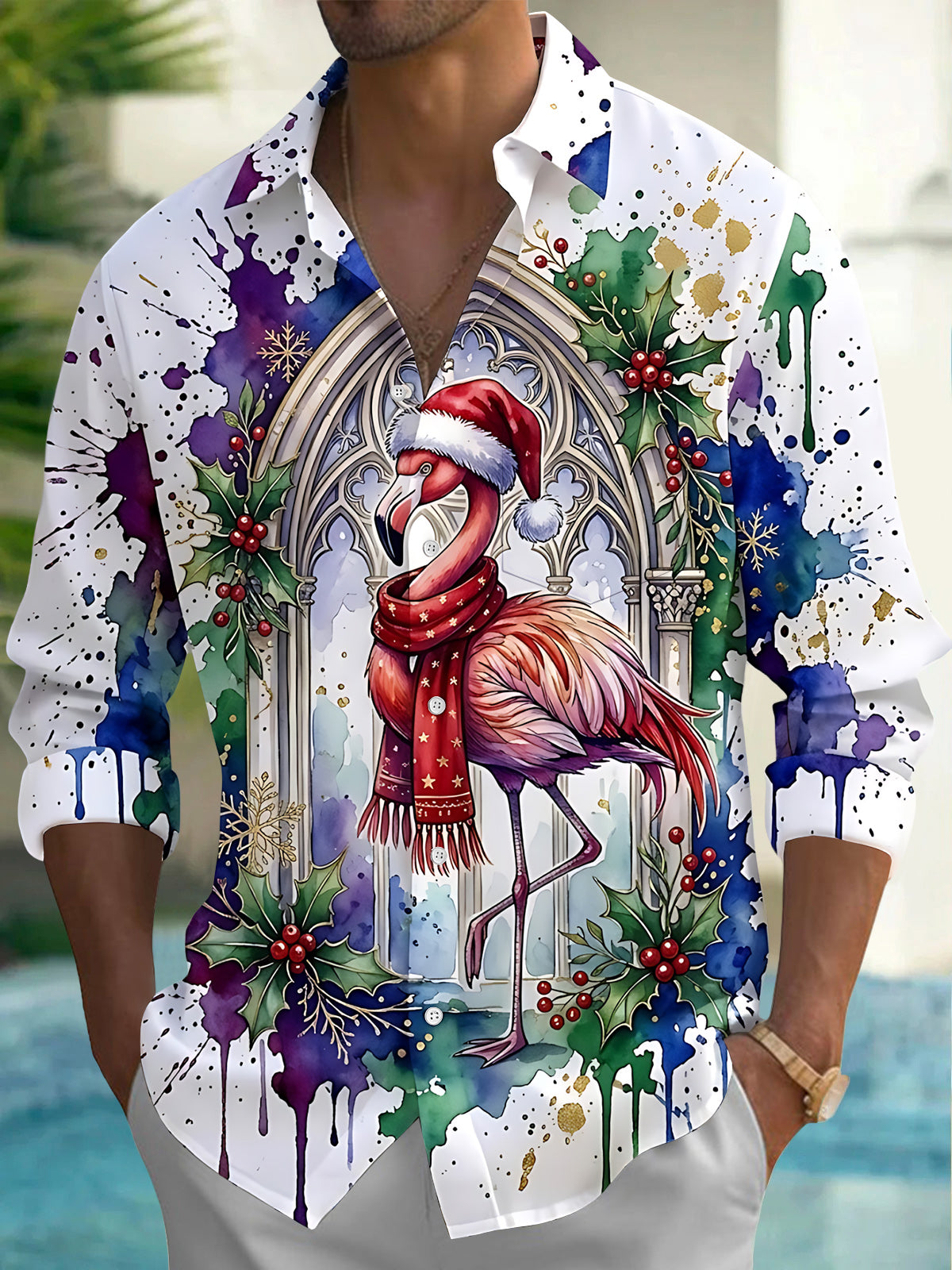 Oceanlyte Men's Long Sleeve Shirt - Christmas Flamingo With Santa Hat And Scarf Print with Chest Pocket