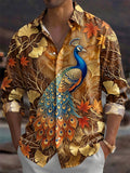 Oceanlyte Men's Printed Peacock And Autumn Leaves Print Long Sleeve Shirt with Chest Pocket