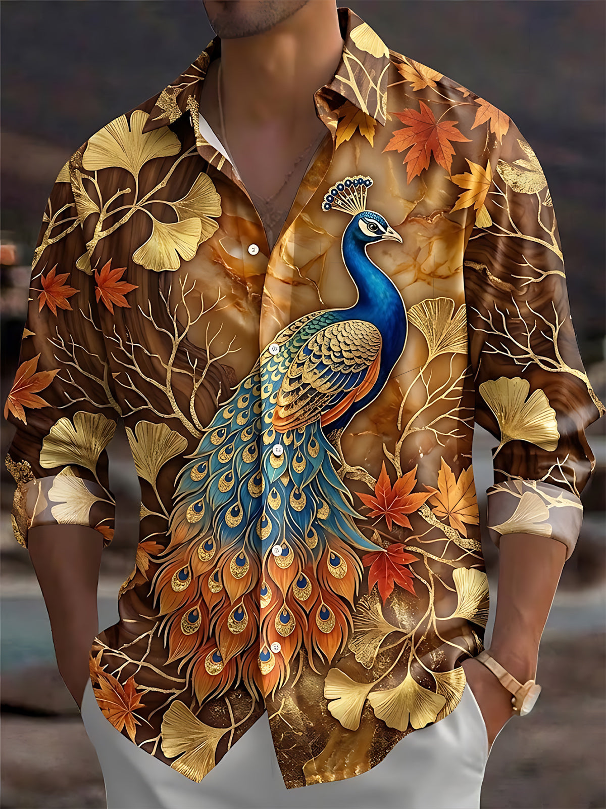 Oceanlyte Men's Printed Peacock And Autumn Leaves Print Long Sleeve Shirt with Chest Pocket