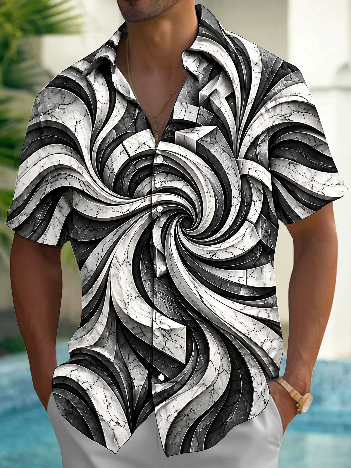 Oceanlyte Men's 3D Abstract 3D Swirling Marble Pattern Short Sleeve Shirt with Chest Pocket