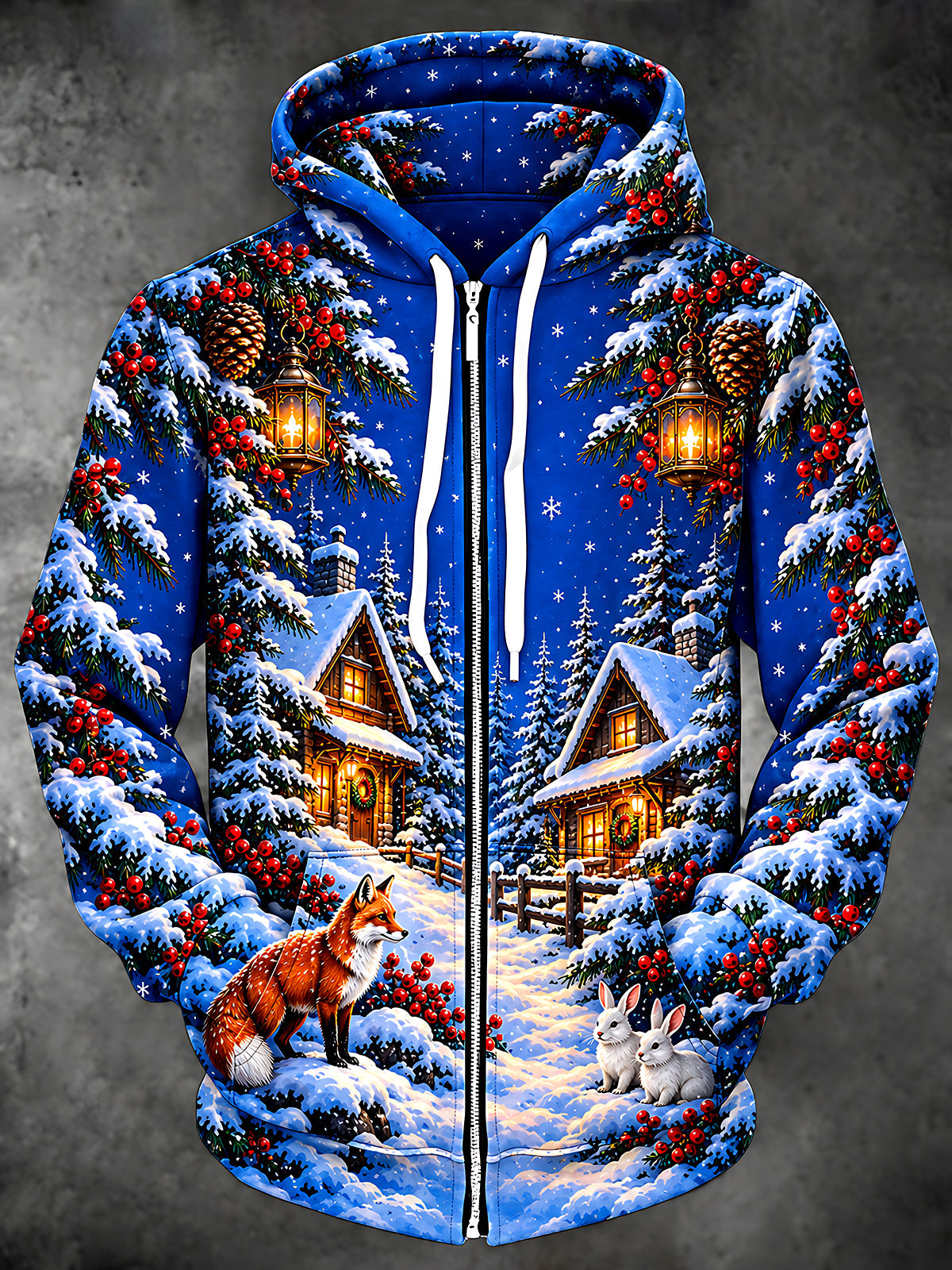 Oceanlyte Men's Long Sleeve Zip-Up Hoodie - Christmas Wreaths And Lanterns Print Winter Forest Cabin With Fox And Rabbits Print with Kangaroo Pocket