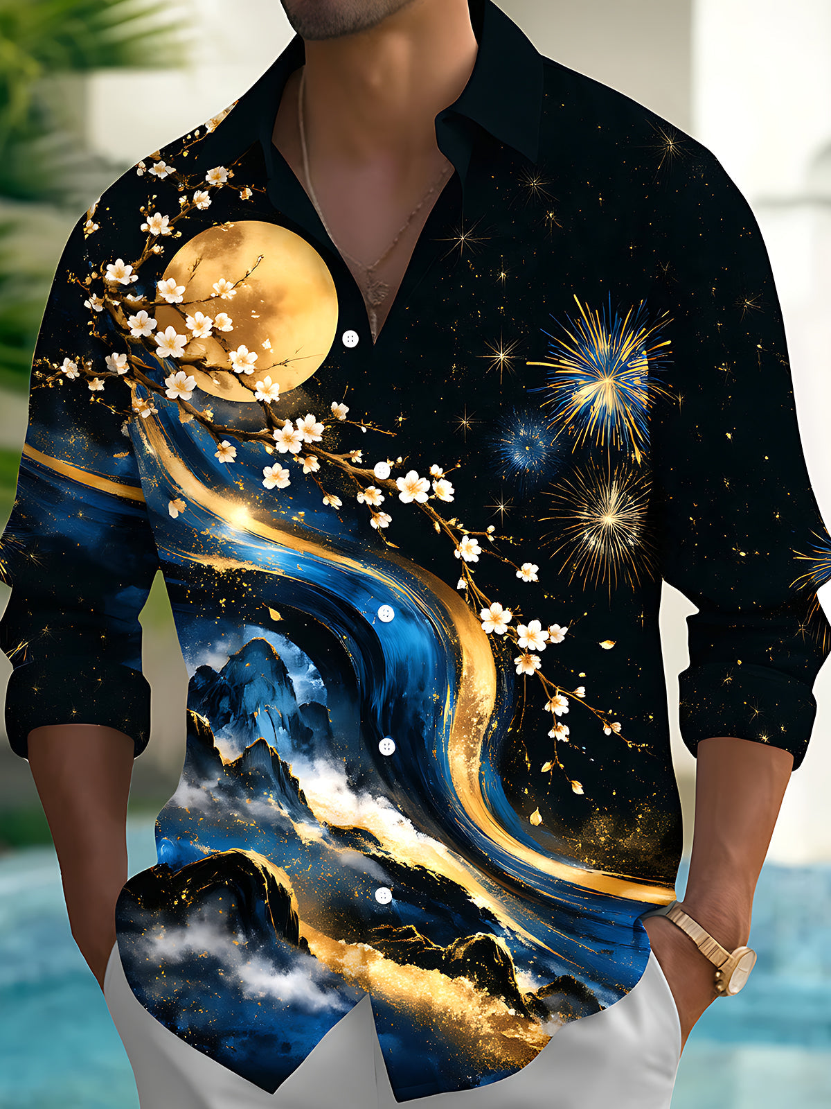 Men's Printed Cherry Blossoms And Full Moon Print Long Sleeve Shirt with Chest Pocket